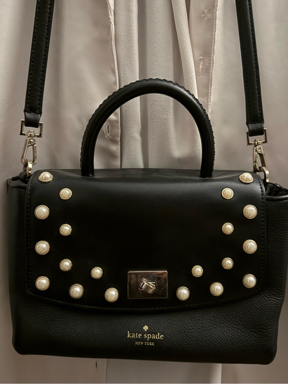Kate Spade Black Pearl-Embellished Top Handle Satchel.  Approx 8x6.